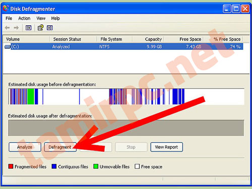 با فشردن دکمه Defragment عملیات را آغاز کنید
