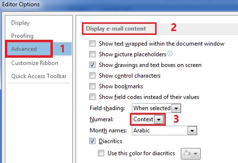 به مراحل پایانی کار رسیدید. از منوی Advanced اقدام به اضافه کردن اعداد فارسی کنید.