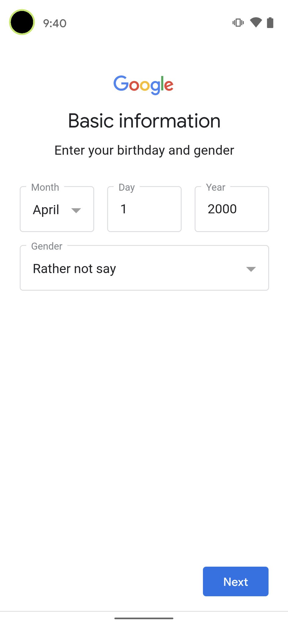 تاریخ تولد و جنسیت را وارد کنید.